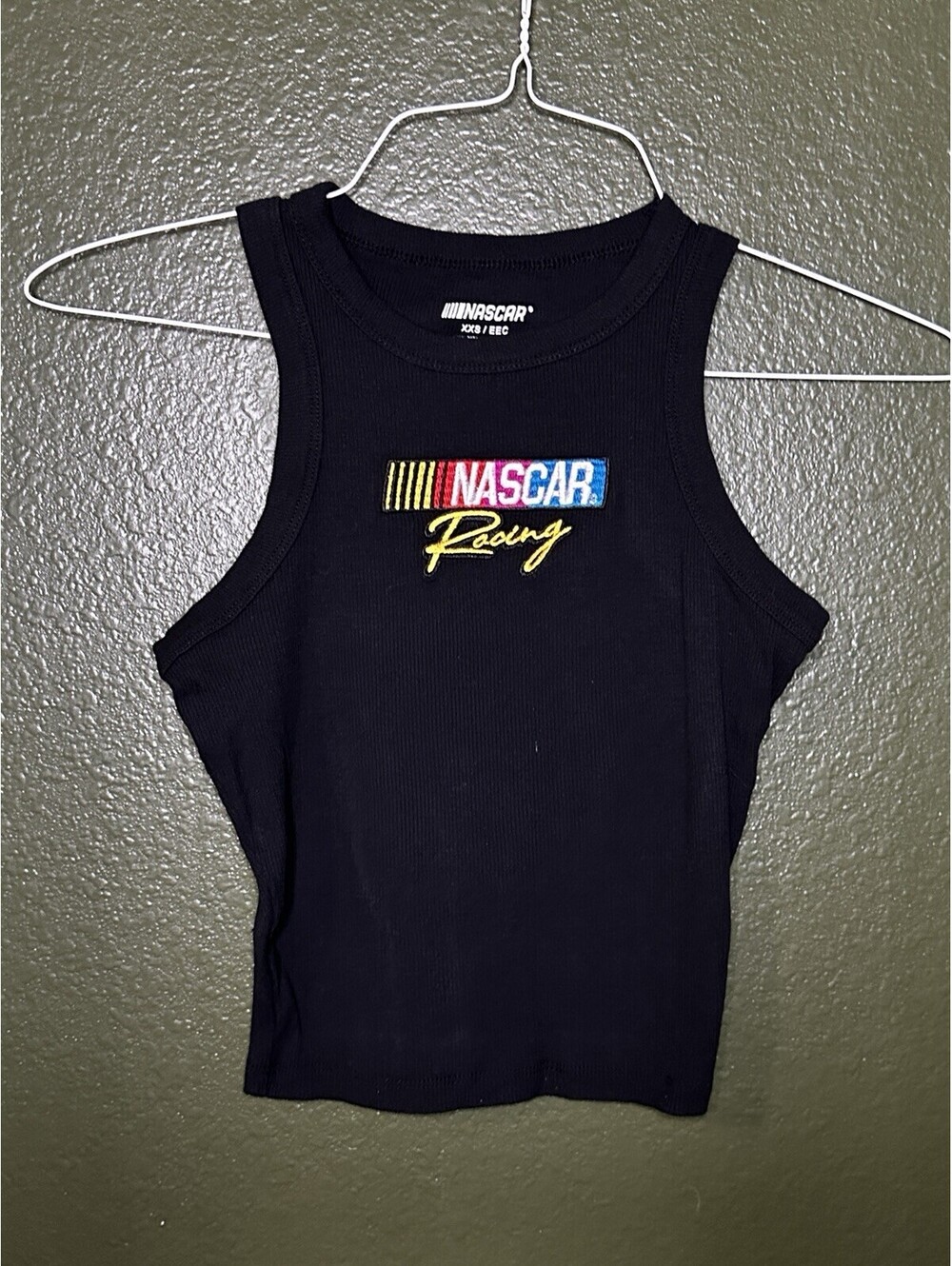 NASCAR Black Cropped Sleeveless Crew Neck Embroidered Cotton Knit Tank Women XXS